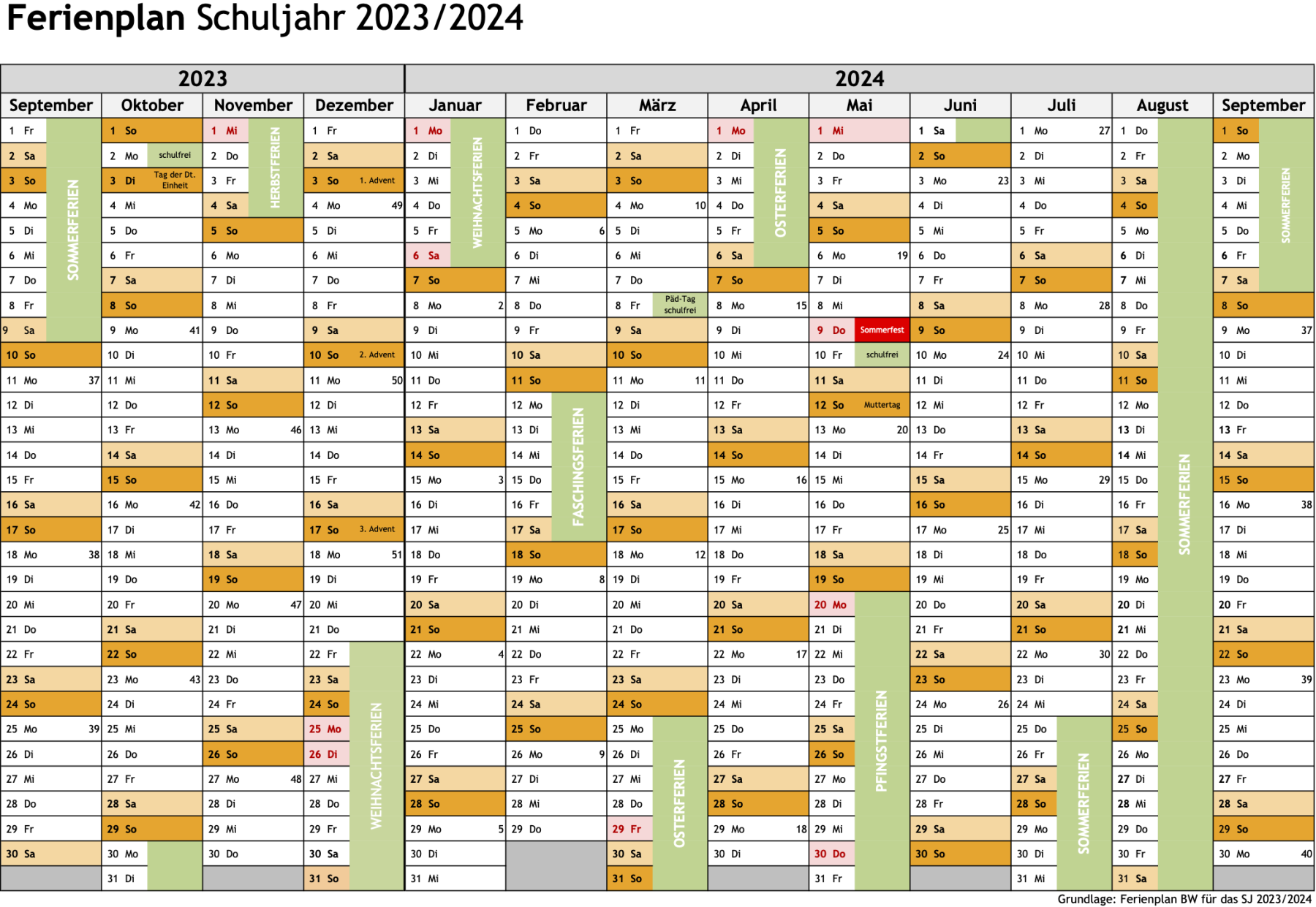 Ferienkalender des Schuljahrs 2023 bis 2024